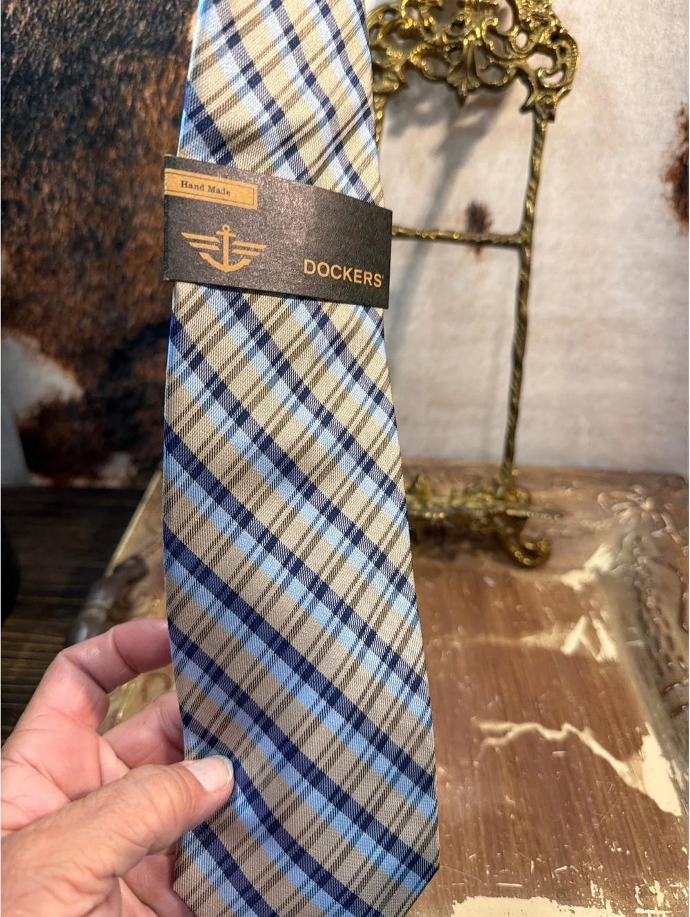 Dockers Classic Plaid Men's Tie Blue and Tan Cotton Blend
